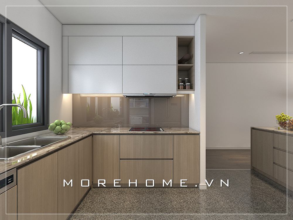 Mẫu tủ bếp gỗ công nghiệp chữ L hiện đại với tone màu nâu nhạt trẻ trung, sáng sủa hơn cho căn bếp Tủ bếp đẹp